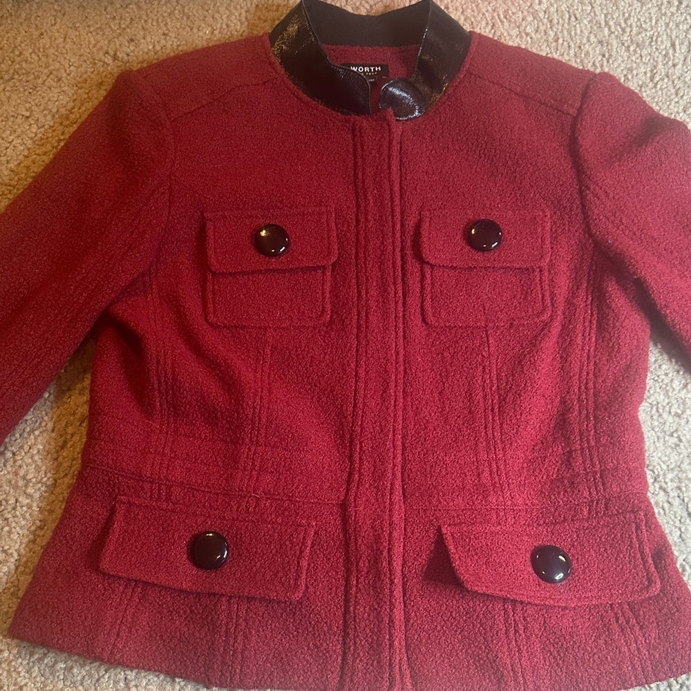 WORTH CLASSIC Deep Red Blazer Jacket w/ Black Accents FAUX Pockets Textured SZ 8